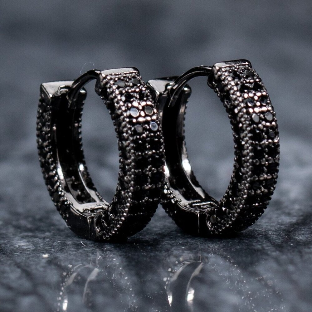 Mens Punk Rock Black Plated Iced Black Onyx Cz Huggie Hoop Earrings